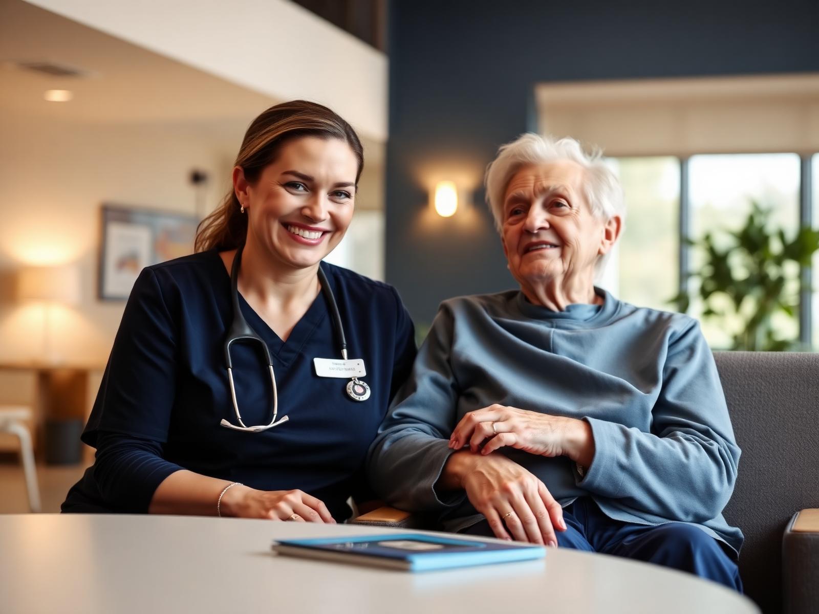 A nurse smiling with an elderly resident in a bright nursing home lounge